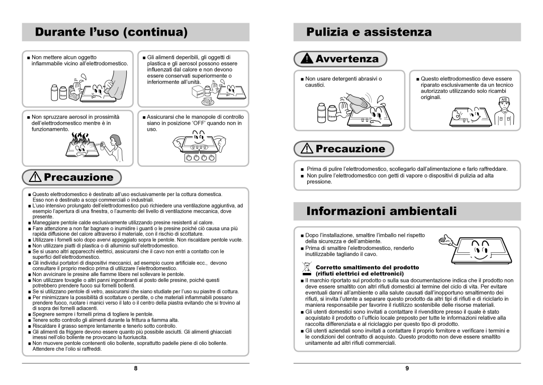 Samsung GN792IFXD/XET manual Durante l’uso continua, Pulizia e assistenza, Informazioni ambientali 