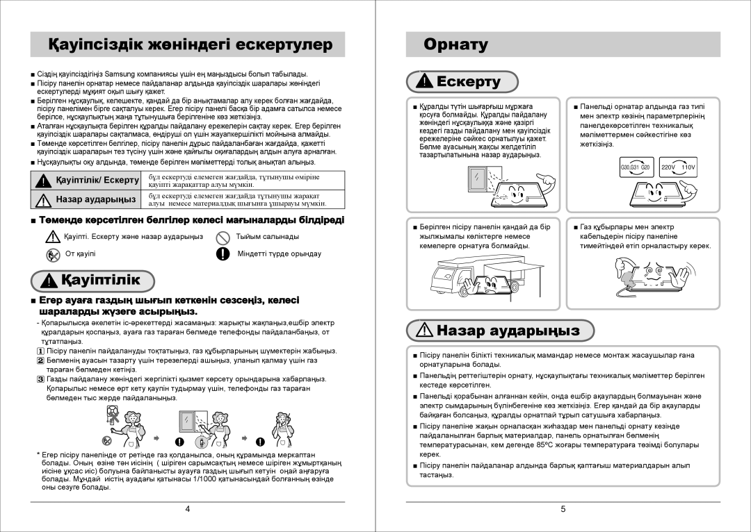 Samsung GN7A2IFXD/BWT manual Қауіпсіздік жөніндегі ескертулер Орнату, Ескерту, Қауіптілік, Назар аударыңыз 