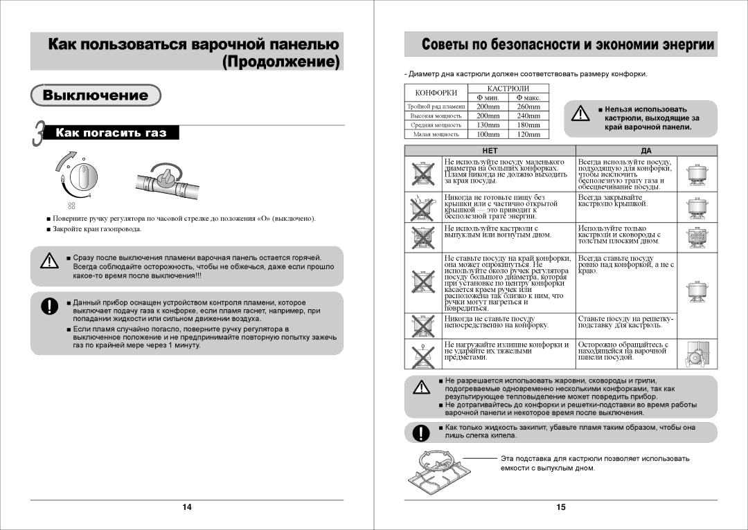 Samsung GN7A2IFXD/BWT manual Выключение, Диаметр дна кастрюли должен соответствовать размеру конфорки 