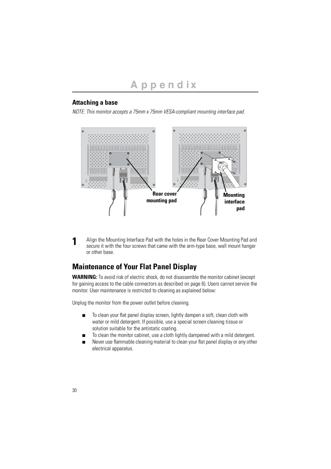 Samsung GR15MSAN/EDC, GR15MSAPN/EDC manual Maintenance of Your Flat Panel Display, Attaching a base, Rear cover, Pad 