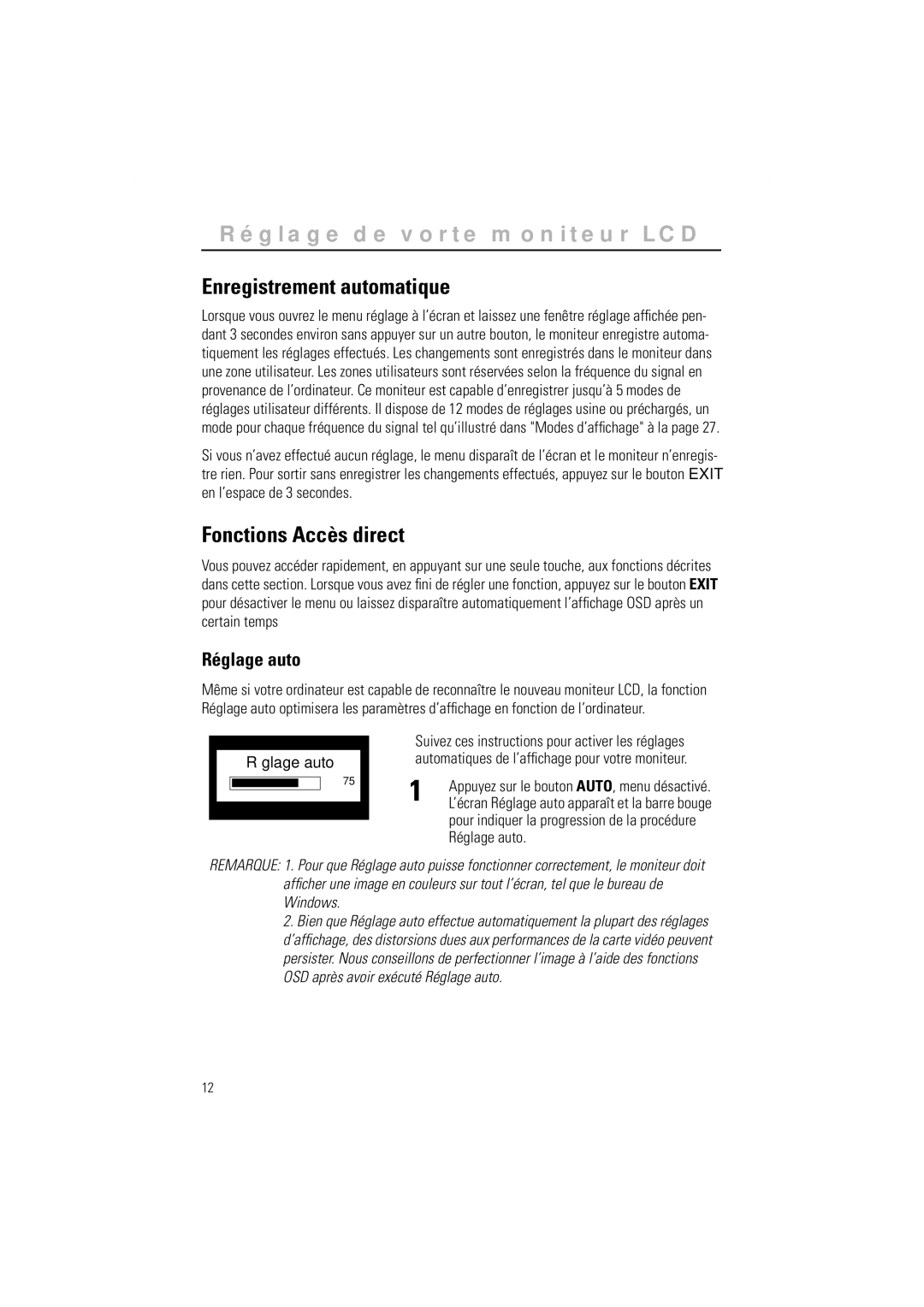 Samsung GR15MSAPN/EDC manual Enregistrement automatique, Fonctions Accès direct, Réglage auto 