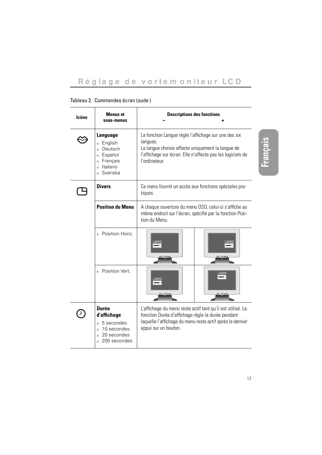 Samsung GR15MSAPN/EDC manual Language, Langues, Divers, Durée, ’afﬁchage 