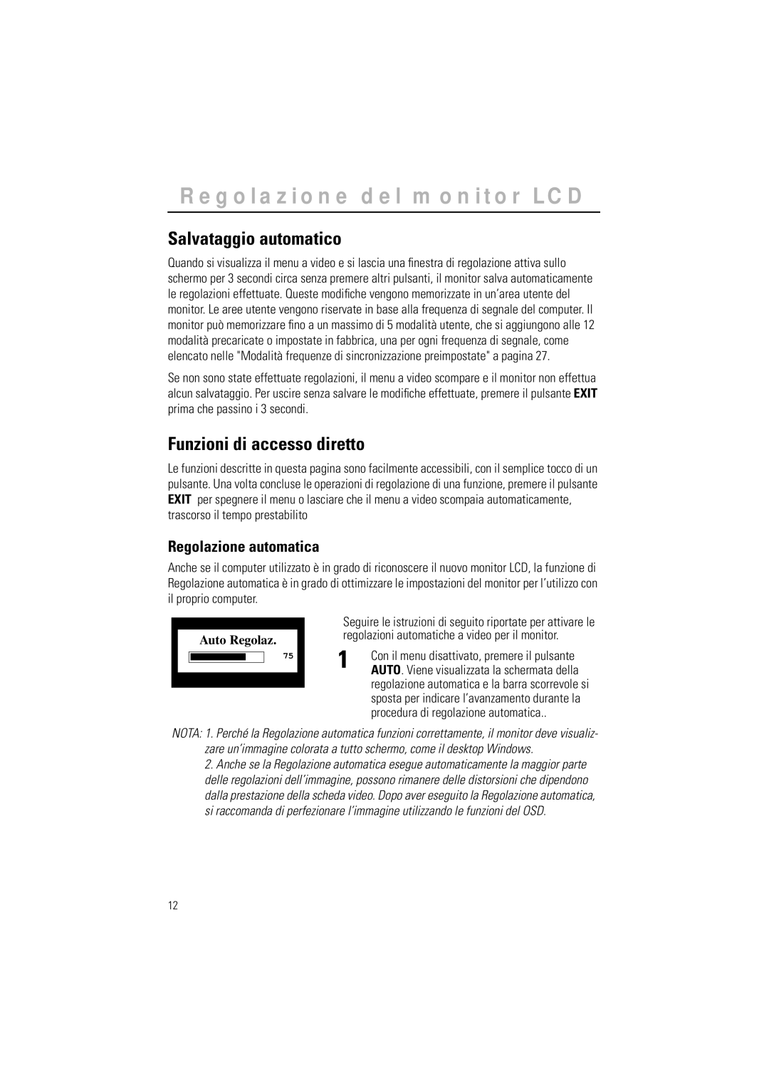 Samsung GR15MSAPN/EDC manual Salvataggio automatico, Funzioni di accesso diretto, Regolazione automatica 