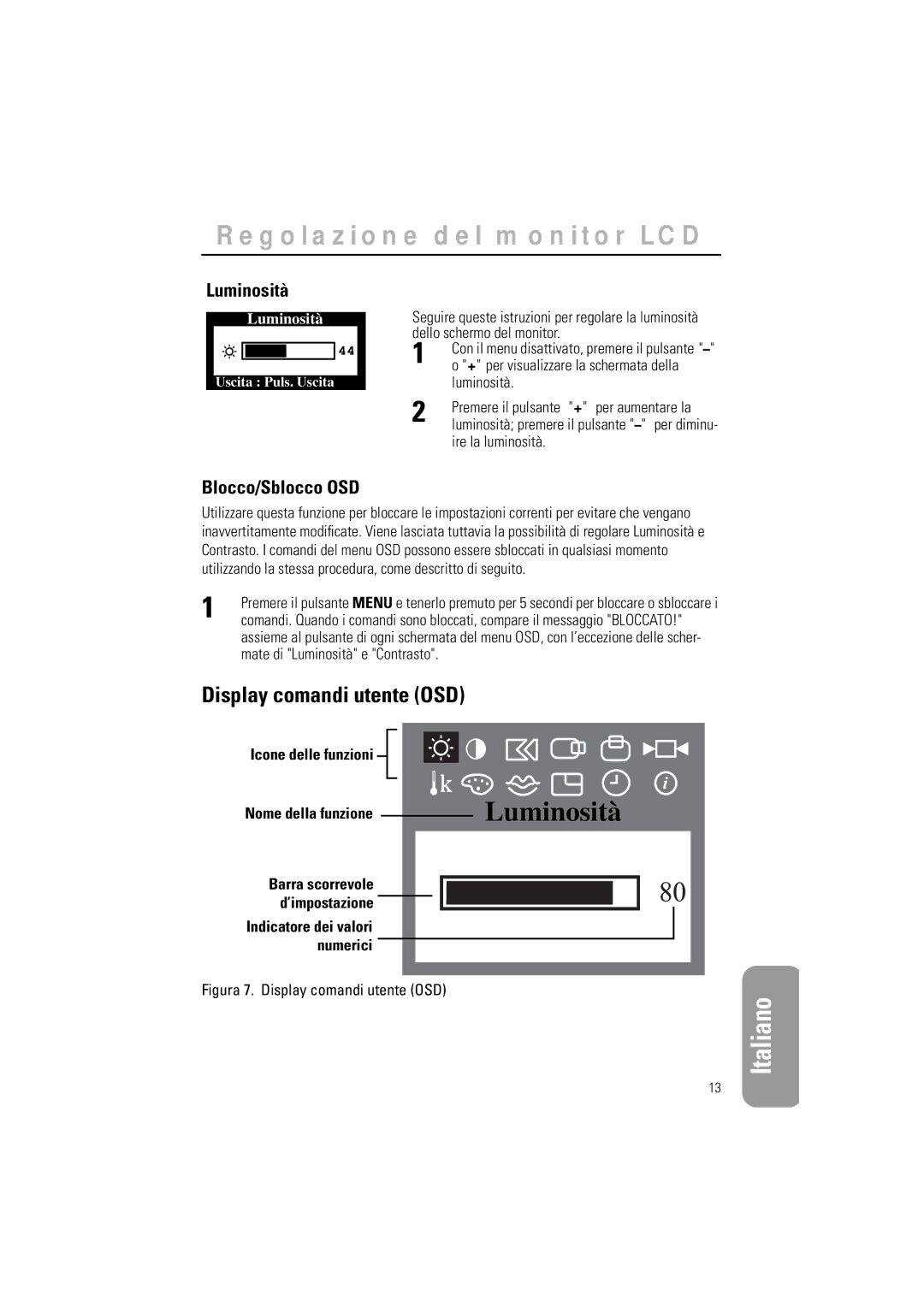 Samsung GR15MSAPN/EDC manual Display comandi utente OSD, Luminosità, Blocco/Sblocco OSD, Ire la luminosità 