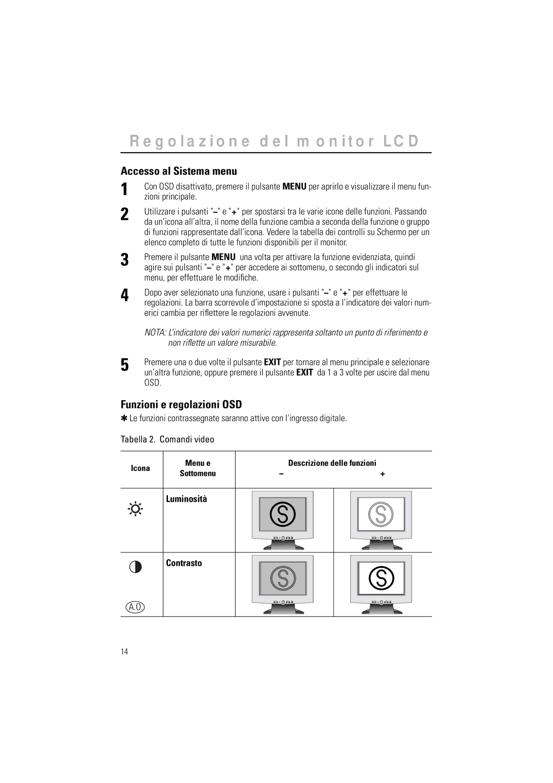 Samsung GR15MSAPN/EDC manual Accesso al Sistema menu, Funzioni e regolazioni OSD, Luminosità Contrasto 