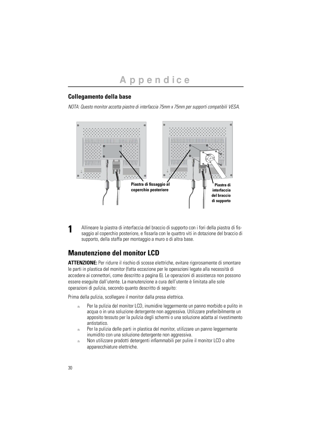 Samsung GR15MSAPN/EDC manual Manutenzione del monitor LCD, Collegamento della base 