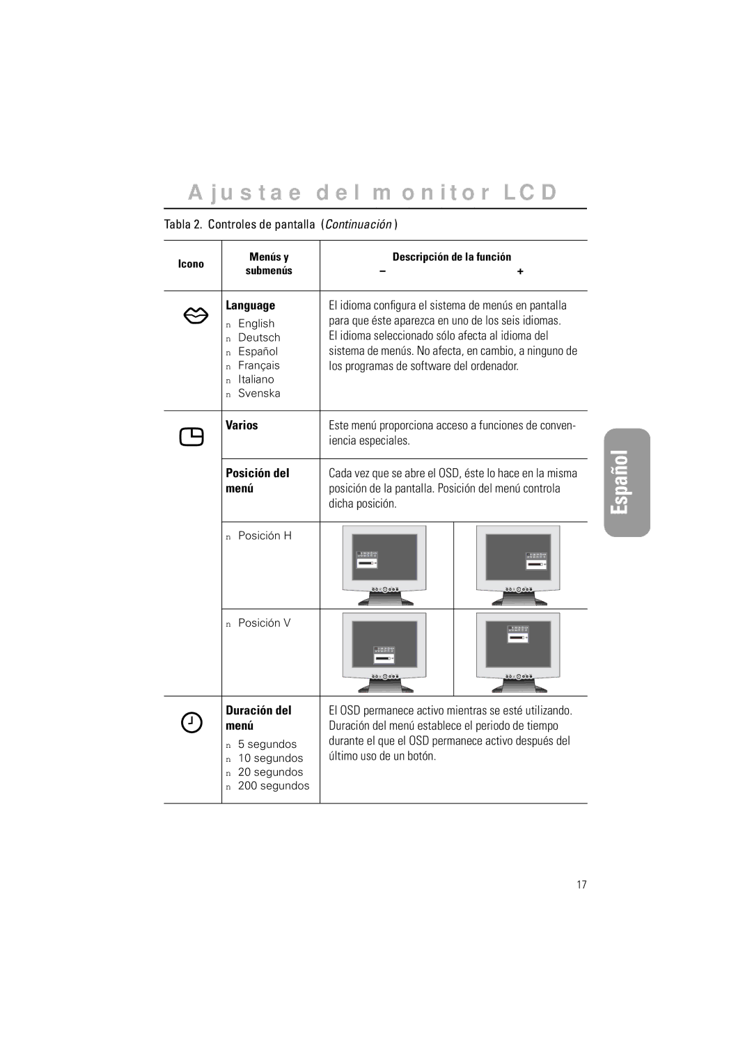 Samsung GR15MSAPN/EDC manual Language, Los programas de software del ordenador, Varios, Posición del, Menú, Duración del 