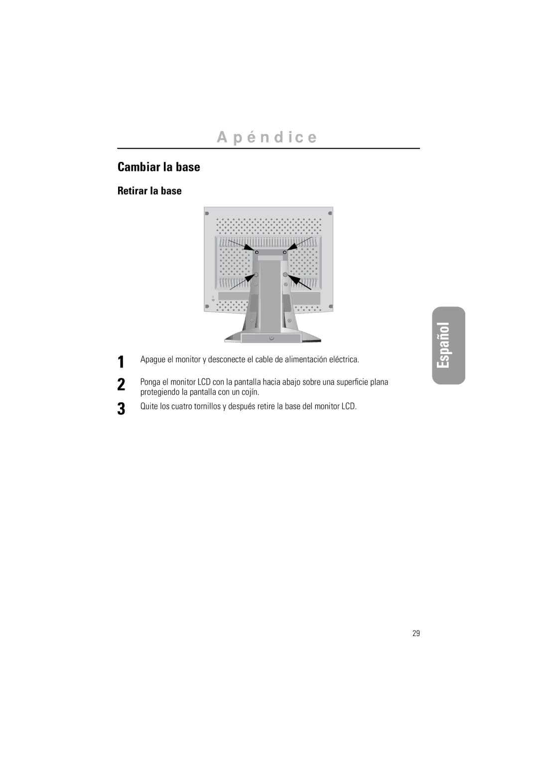 Samsung GR15MSAPN/EDC manual Cambiar la base, Retirar la base, Protegiendo la pantalla con un cojín 