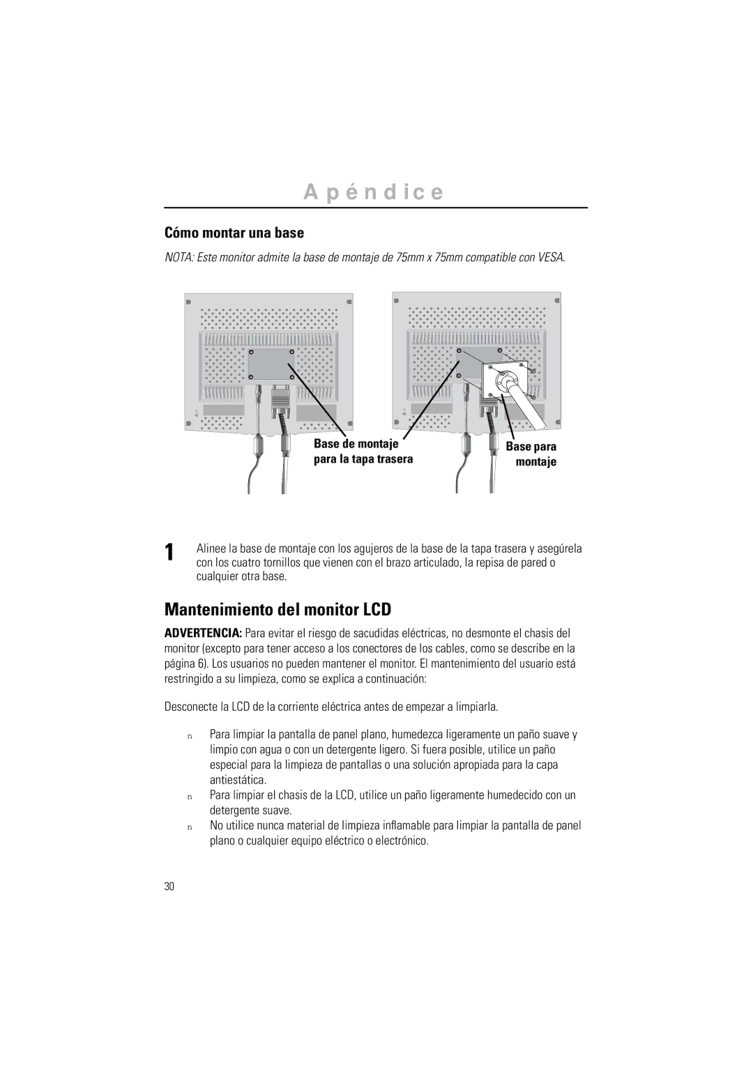 Samsung GR15MSAPN/EDC Mantenimiento del monitor LCD, Cómo montar una base, Base de montaje, Para la tapa trasera Montaje 