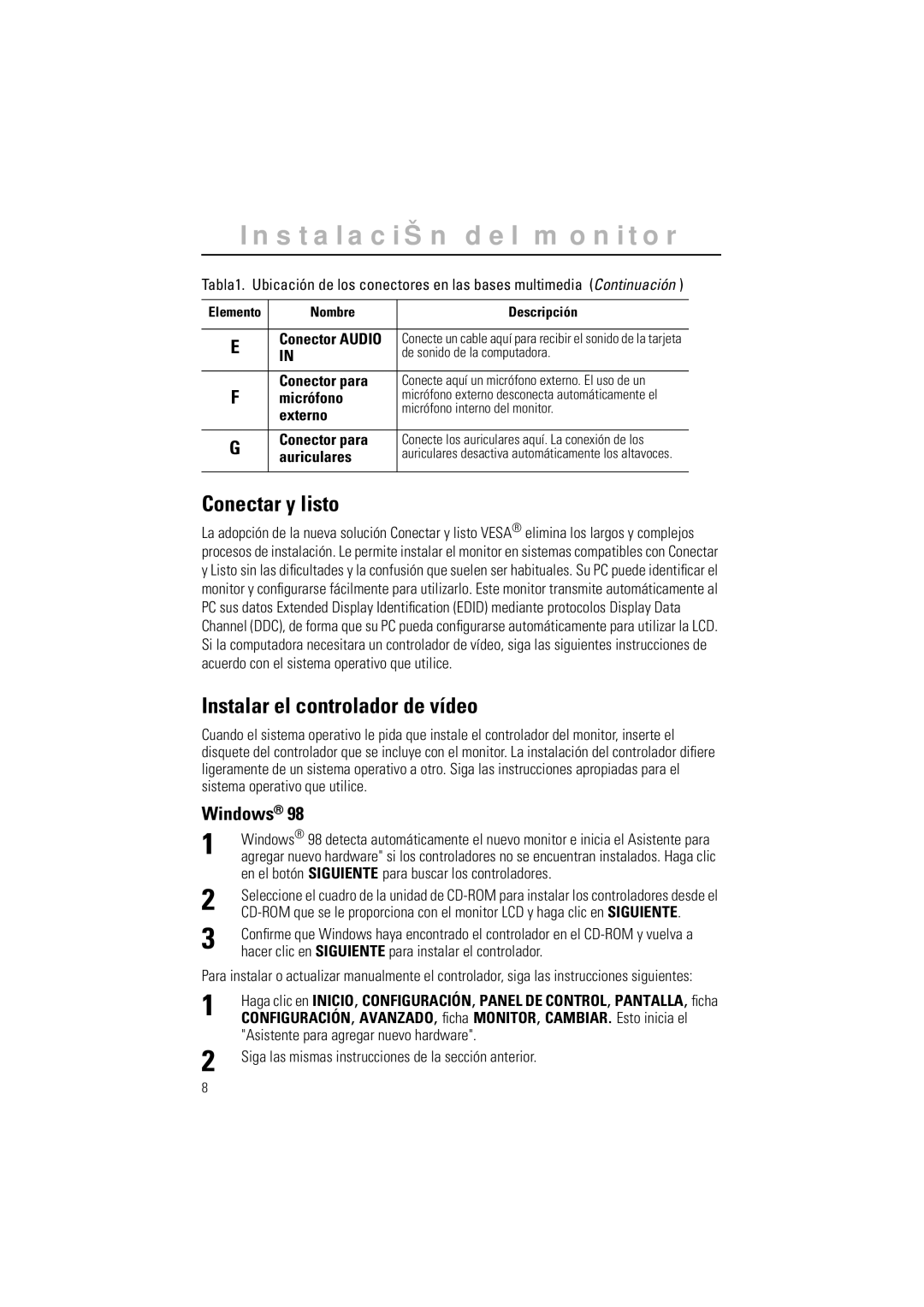 Samsung GR15MSAPN/EDC manual InstalaciŠn del monitor, Conectar y listo, Instalar el controlador de vídeo, Windows 