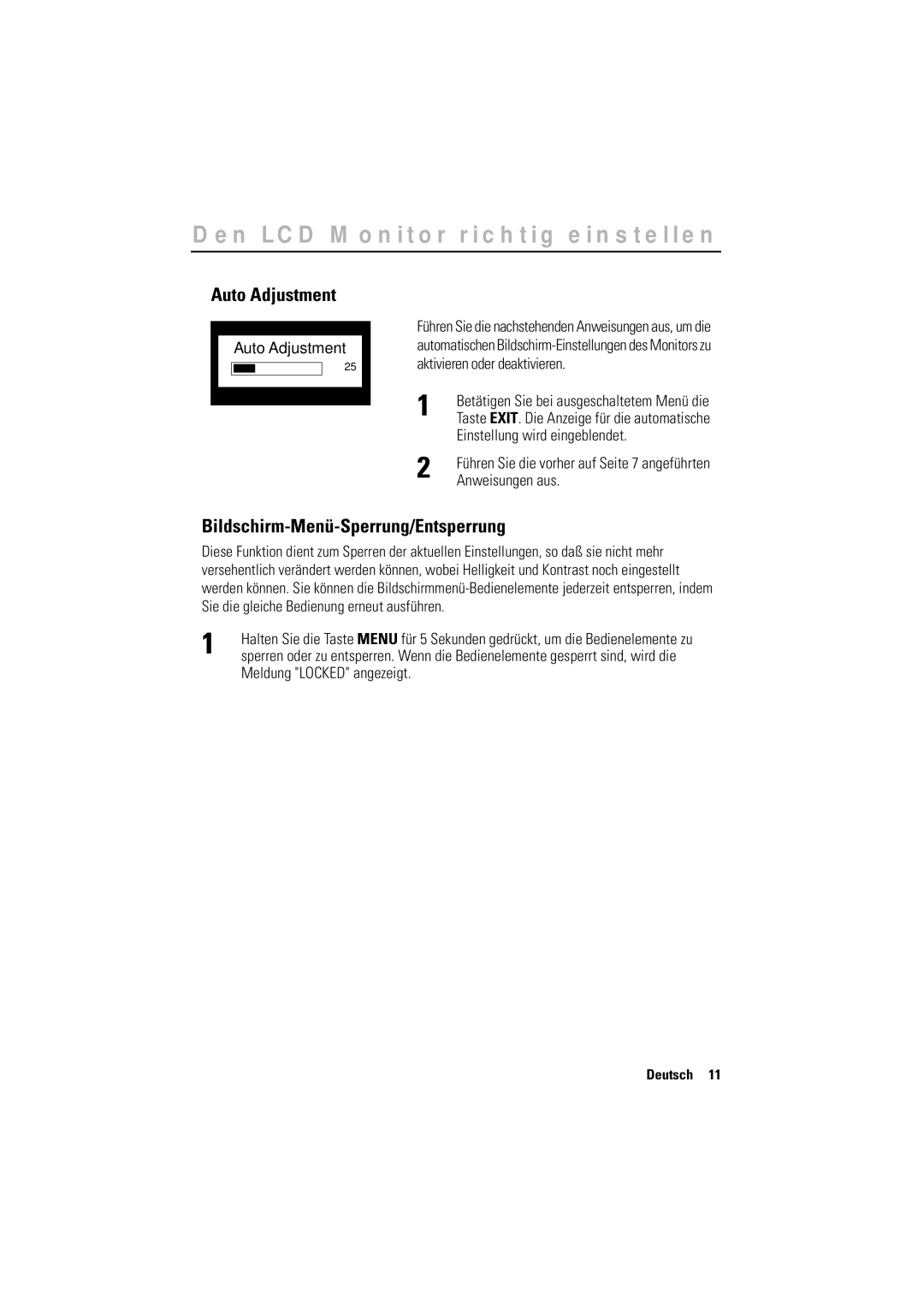 Samsung CN17BSAN/EDC Auto Adjustment, Bildschirm-Menü-Sperrung/Entsperrung, Einstellung wird eingeblendet, Anweisungen aus 