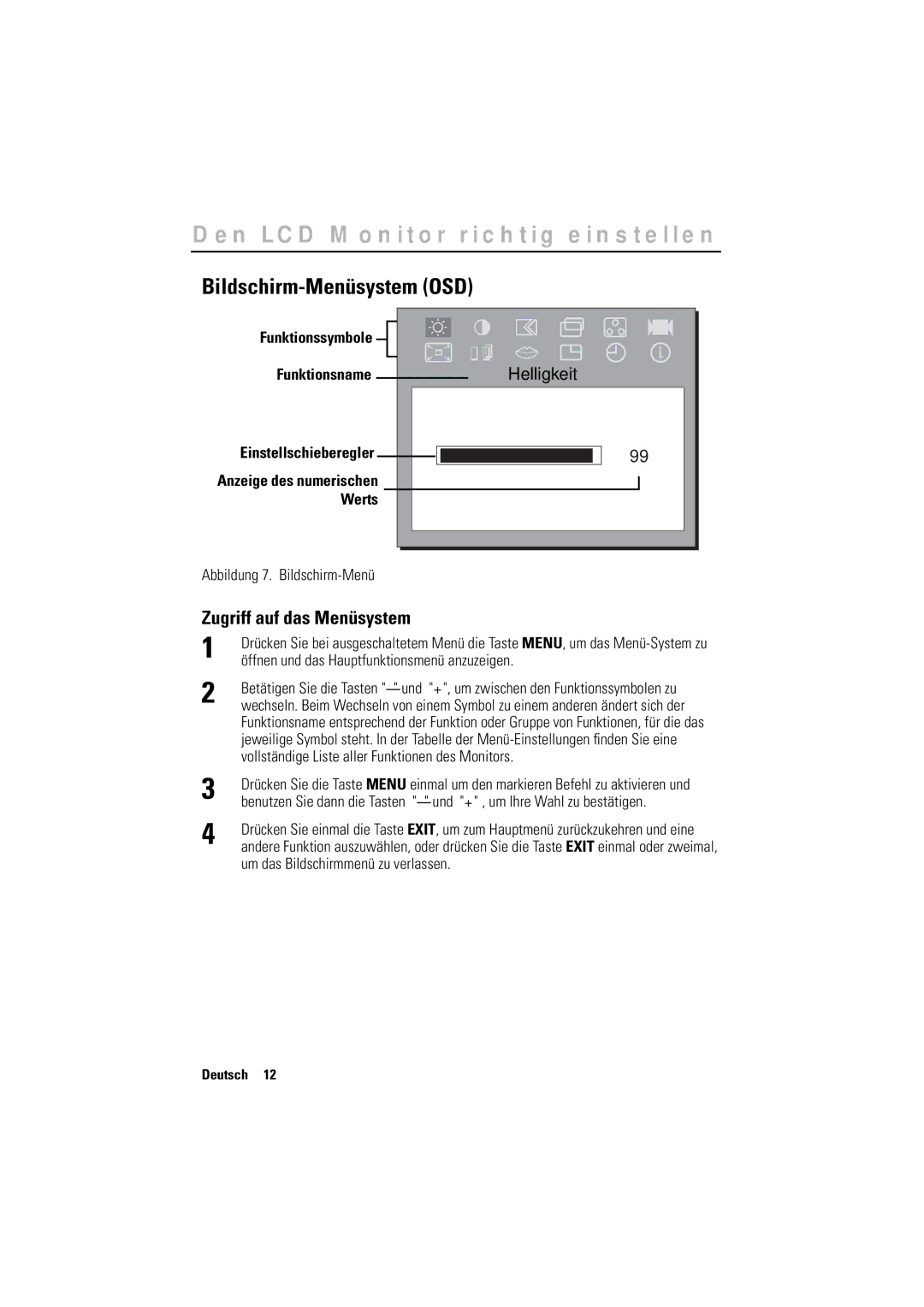 Samsung GR17MSSAN/EDC manual Bildschirm-Menüsystem OSD, Zugriff auf das Menüsystem, Funktionssymbole Funktionsname, Werts 