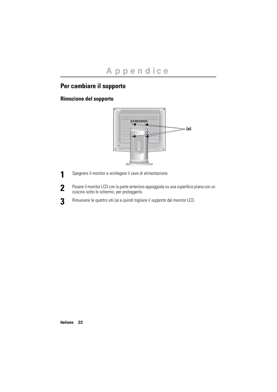 Samsung GR17MSSAN/EDC manual Per cambiare il supporto, Rimozione del supporto 