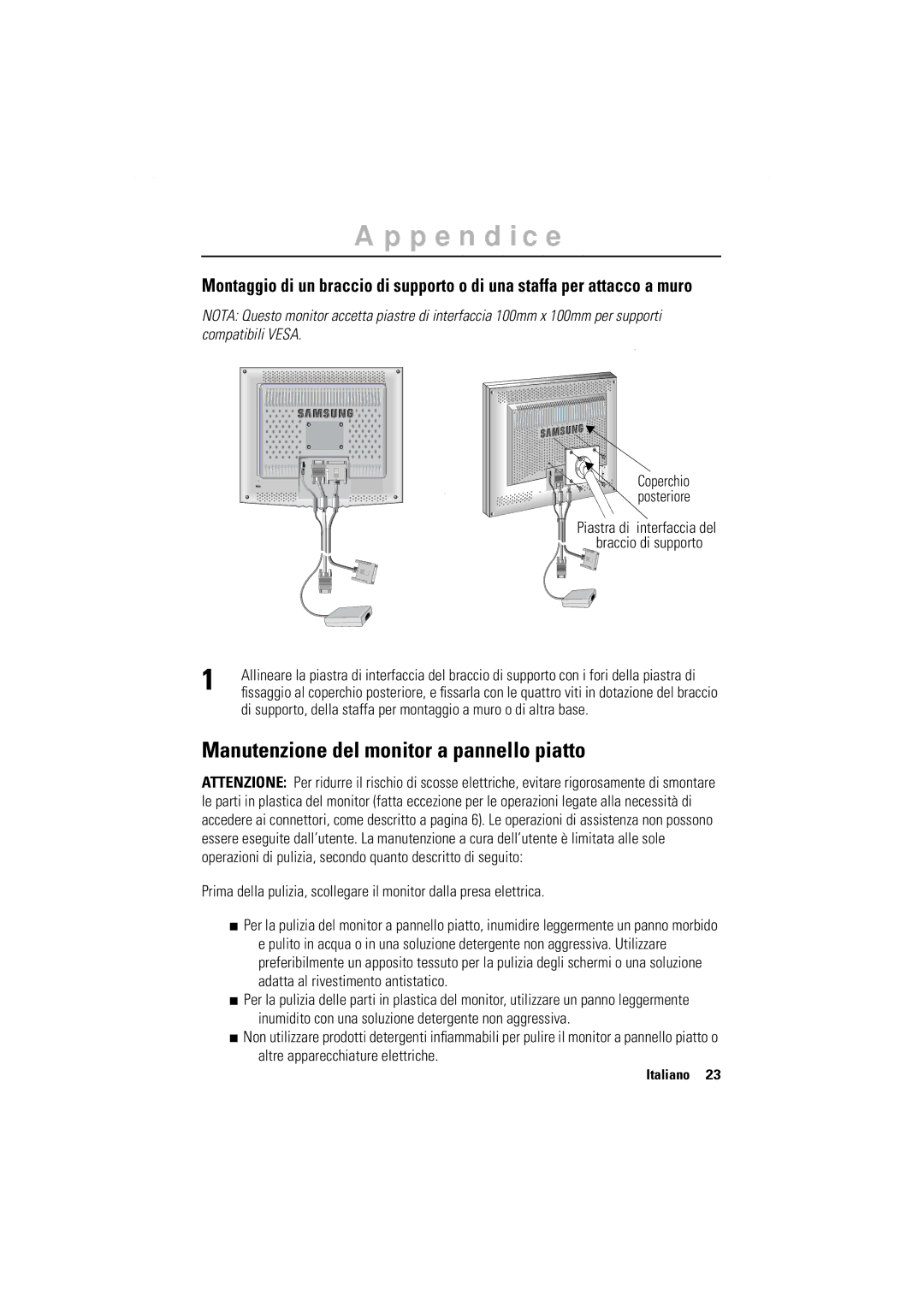 Samsung GR17MSSAN/EDC manual Manutenzione del monitor a pannello piatto 