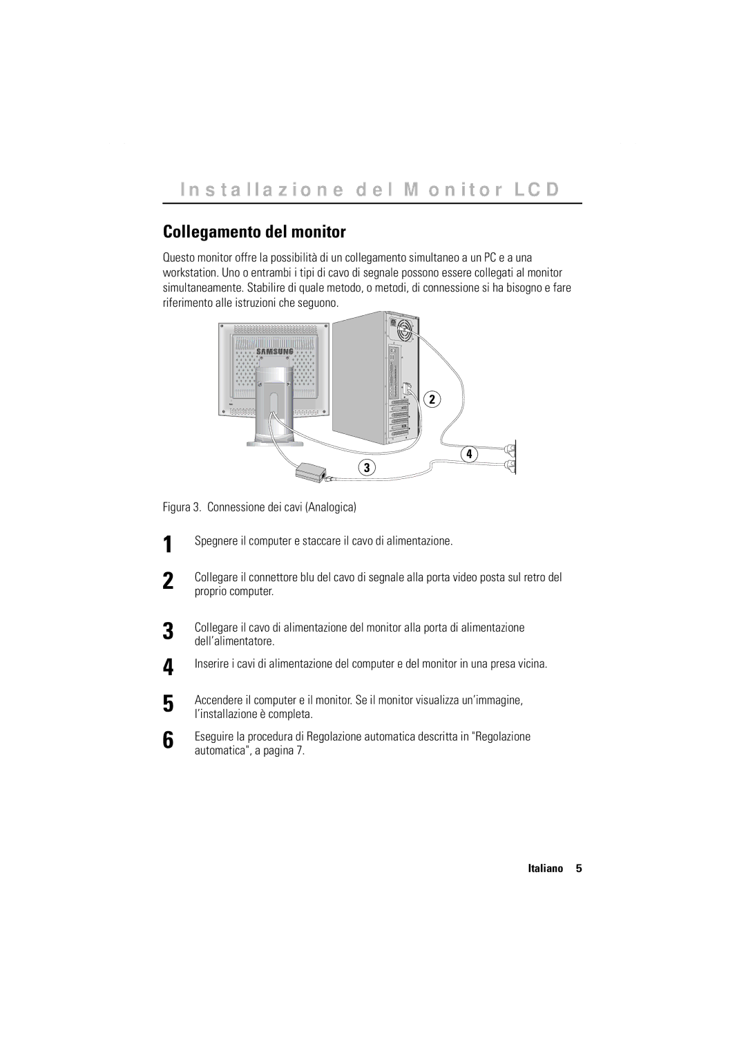 Samsung GR17MSSAN/EDC manual Collegamento del monitor, Figura 3. Connessione dei cavi Analogica 