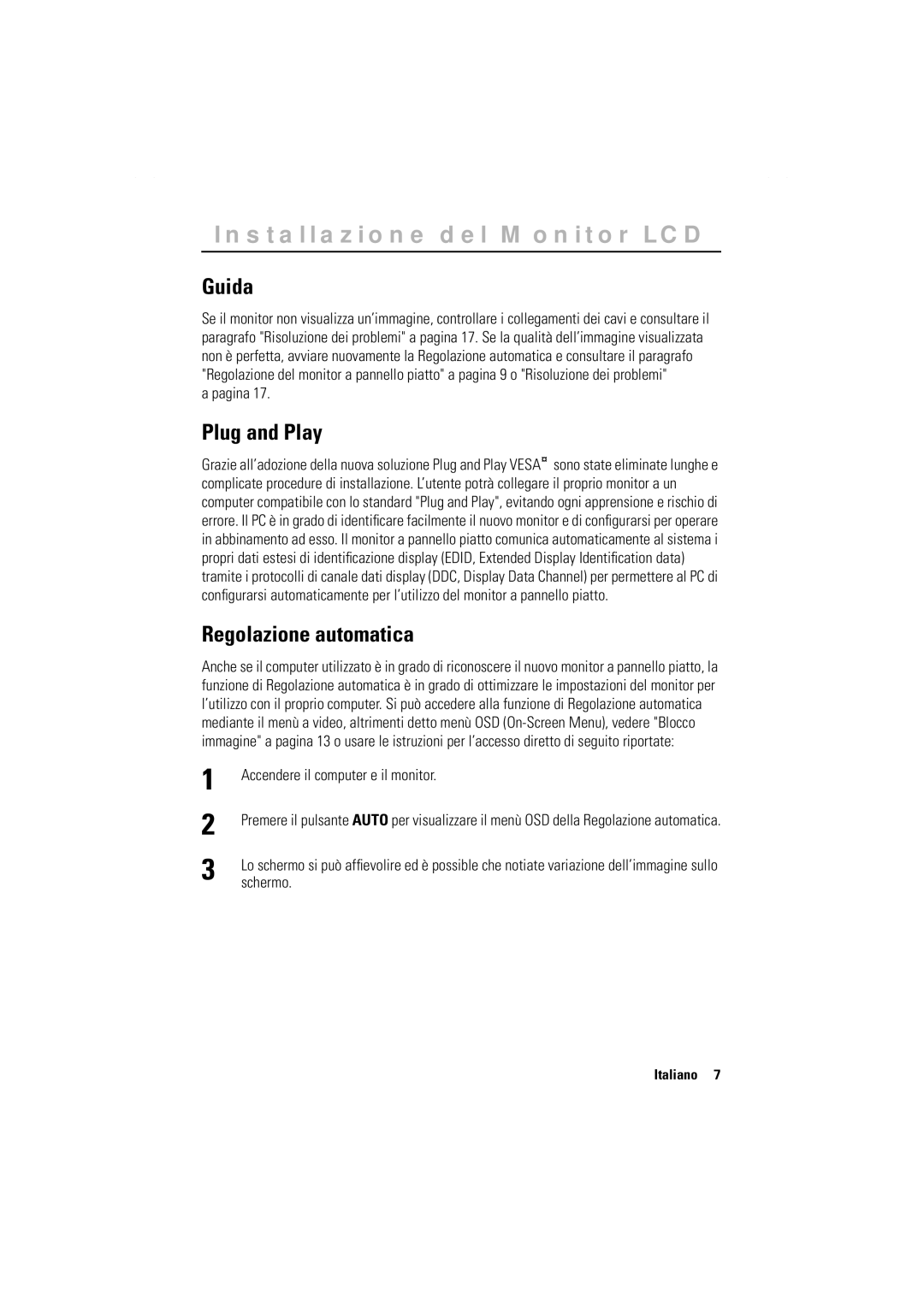 Samsung GR17MSSAN/EDC manual Guida, Plug and Play, Regolazione automatica, Accendere il computer e il monitor, Schermo 