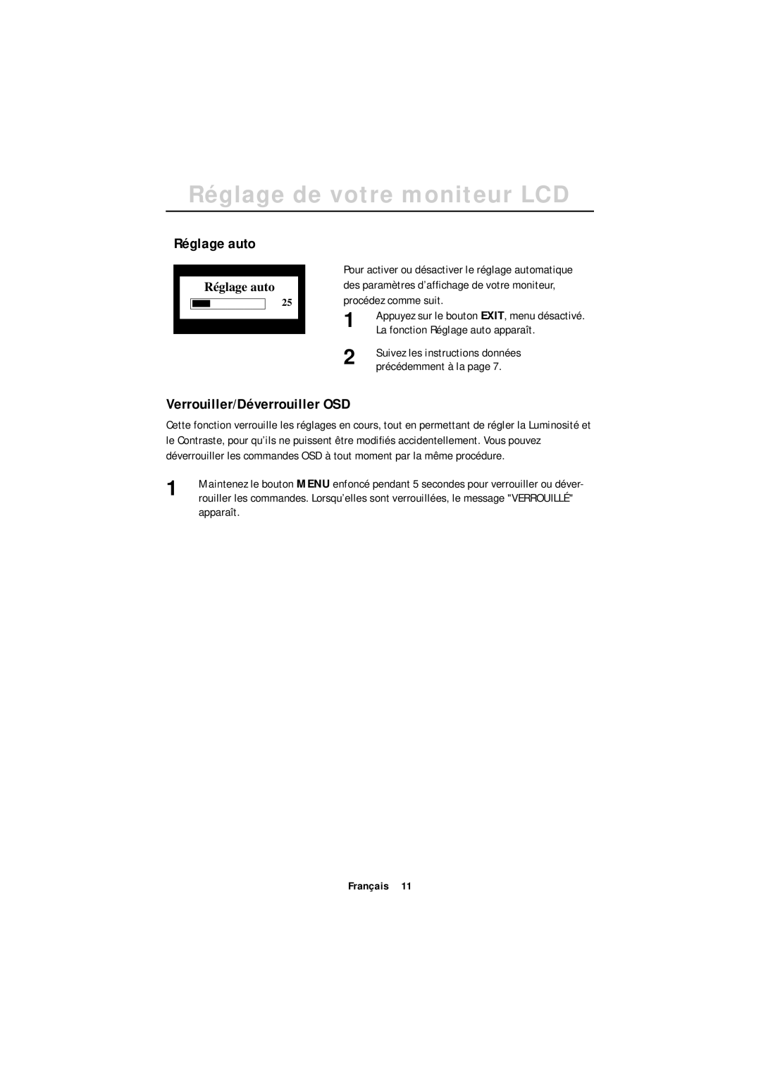 Samsung GR18MSSSN/EDC, GT18MSSN/EDC manual Réglage auto, Verrouiller/Déverrouiller OSD, Apparaît 