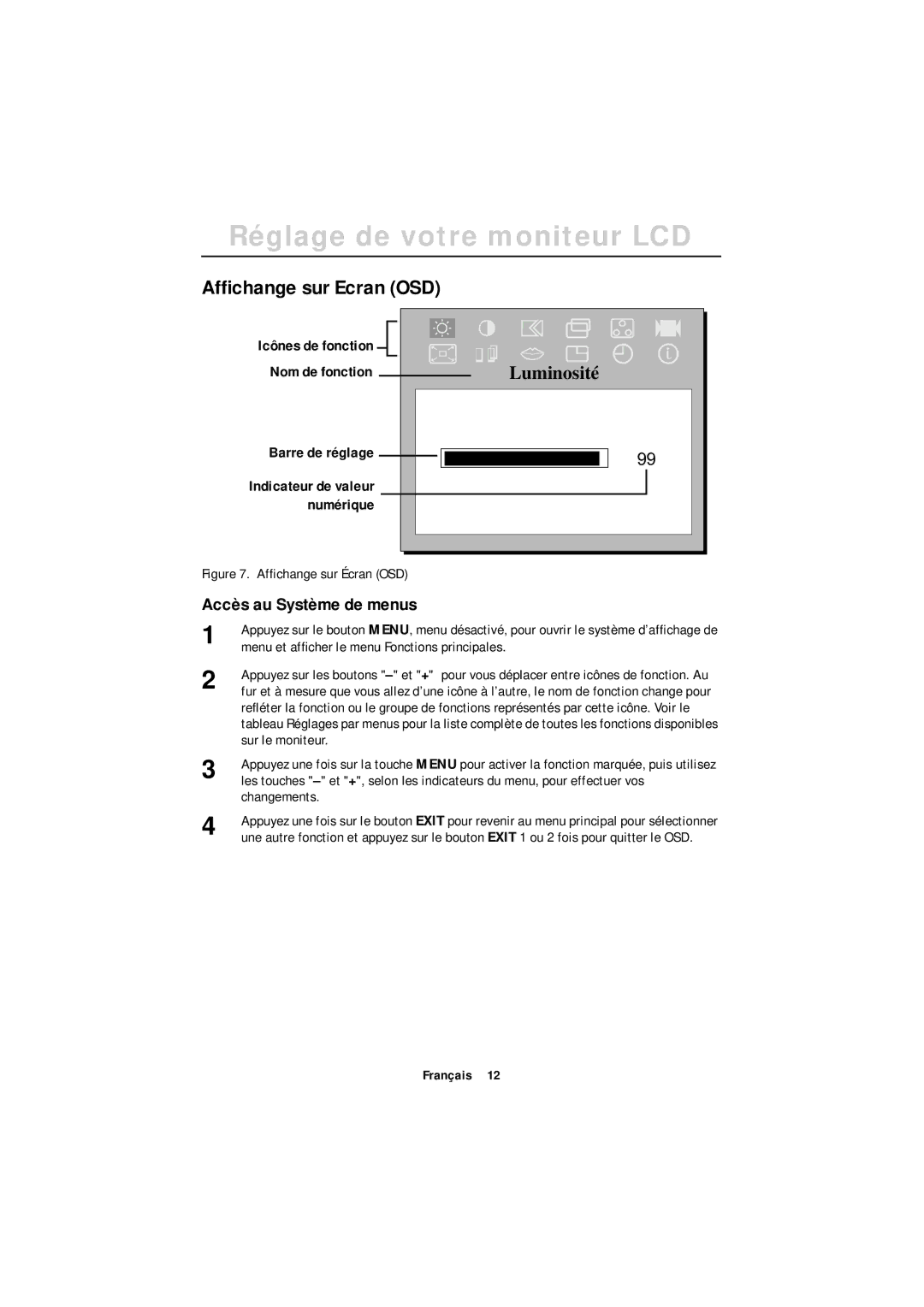 Samsung GT18MSSN/EDC Afﬁchange sur Ecran OSD, Accès au Système de menus, Nom de fonction, Barre de réglage, Numérique 