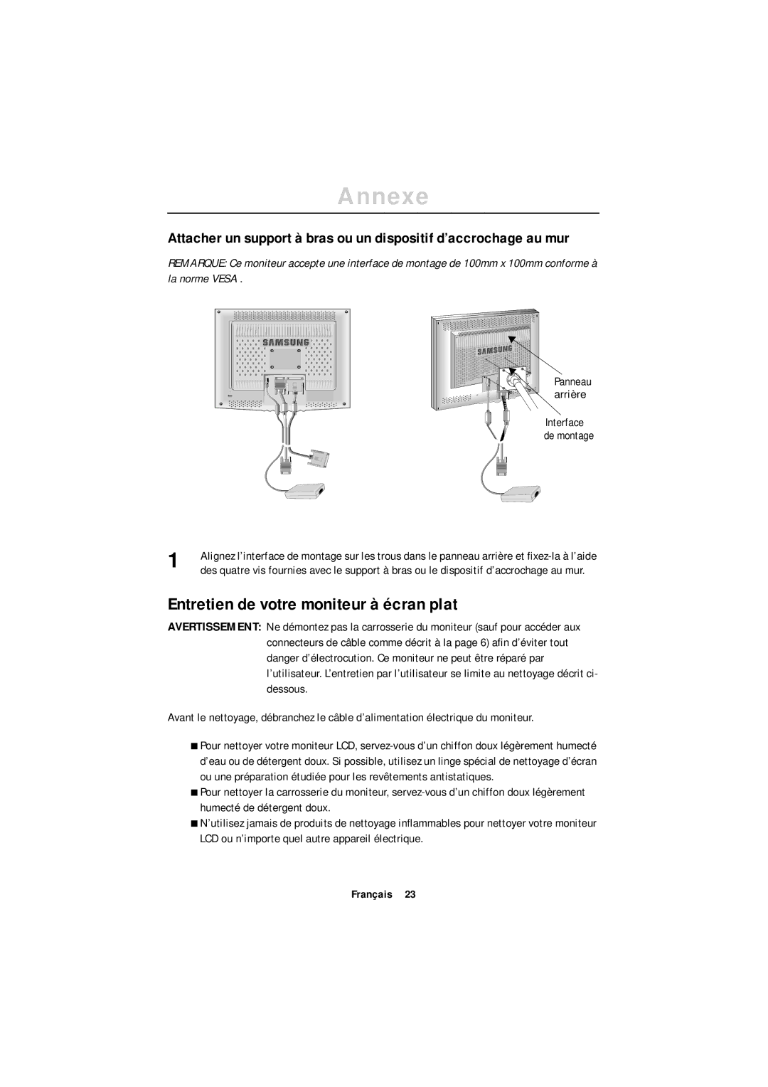 Samsung GR18MSSSN/EDC, GT18MSSN/EDC manual Entretien de votre moniteur à écran plat, Arrière 