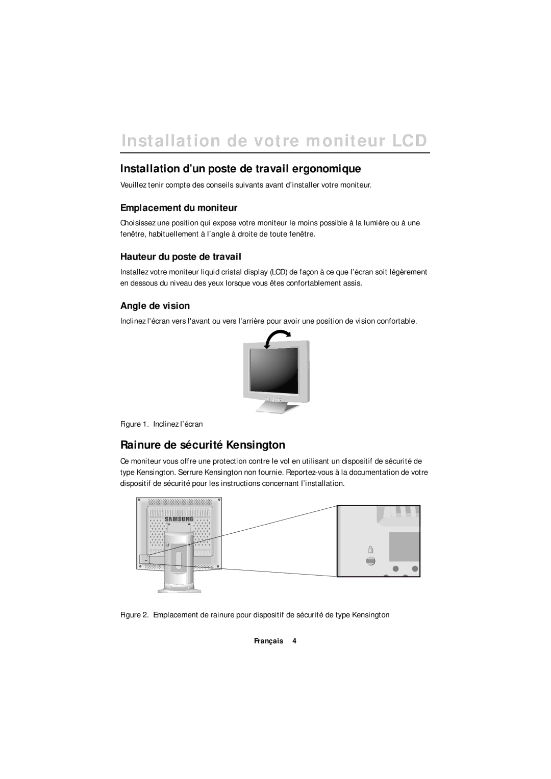 Samsung GT18MSSN/EDC, GR18MSSSN/EDC Installation de votre moniteur LCD, Installation d’un poste de travail ergonomique 