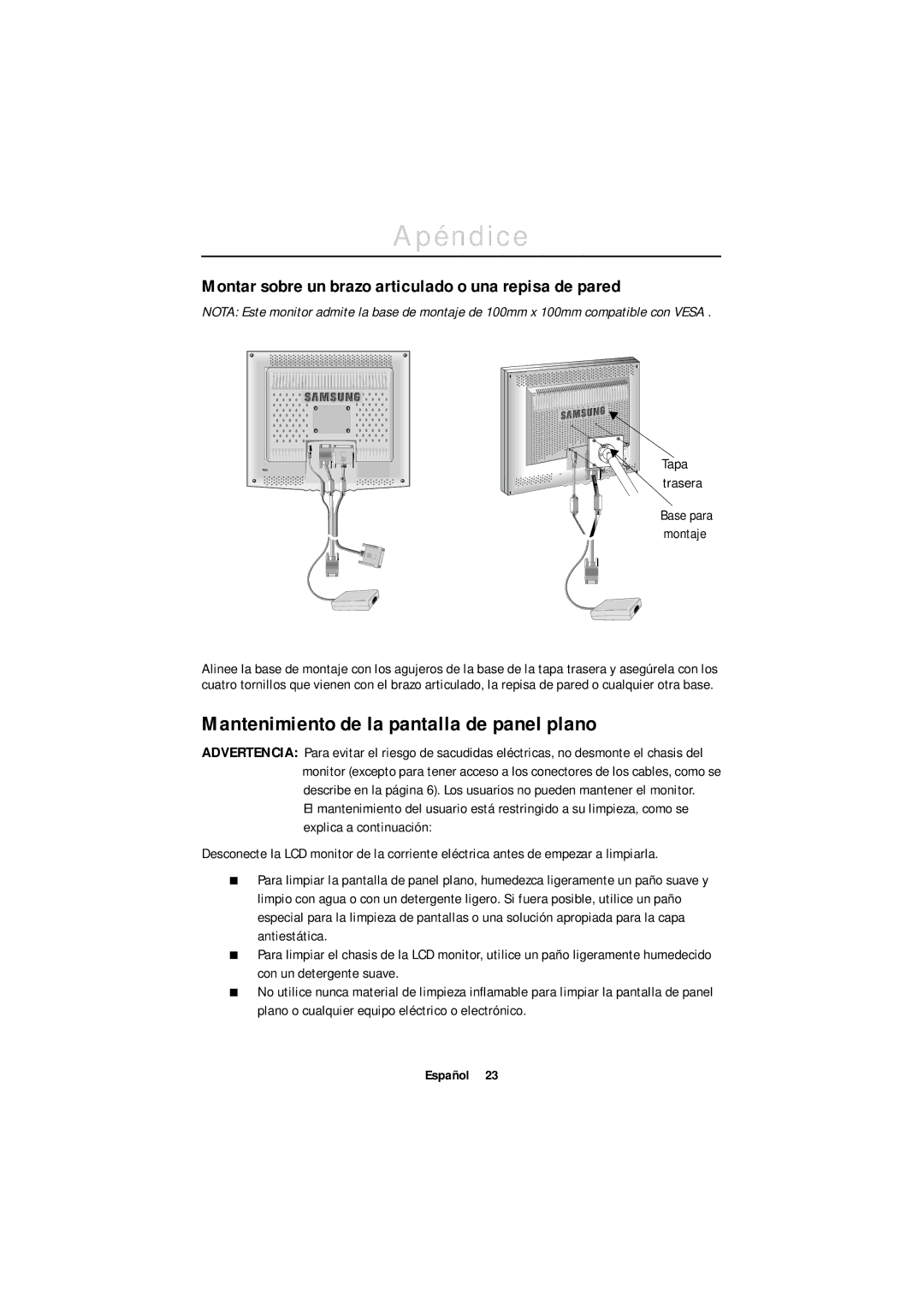 Samsung GR18MSSSN/EDC Mantenimiento de la pantalla de panel plano, Montar sobre un brazo articulado o una repisa de pared 