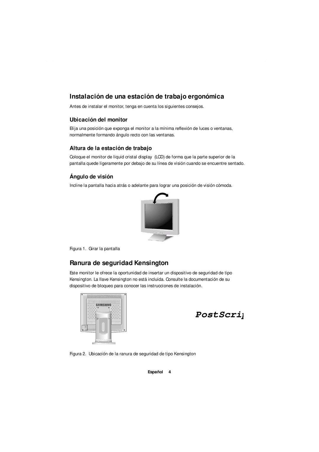 Samsung GR18MSSSN/EDC Instalación de una estación de trabajo ergonómica, Ranura de seguridad Kensington, Ángulo de visión 