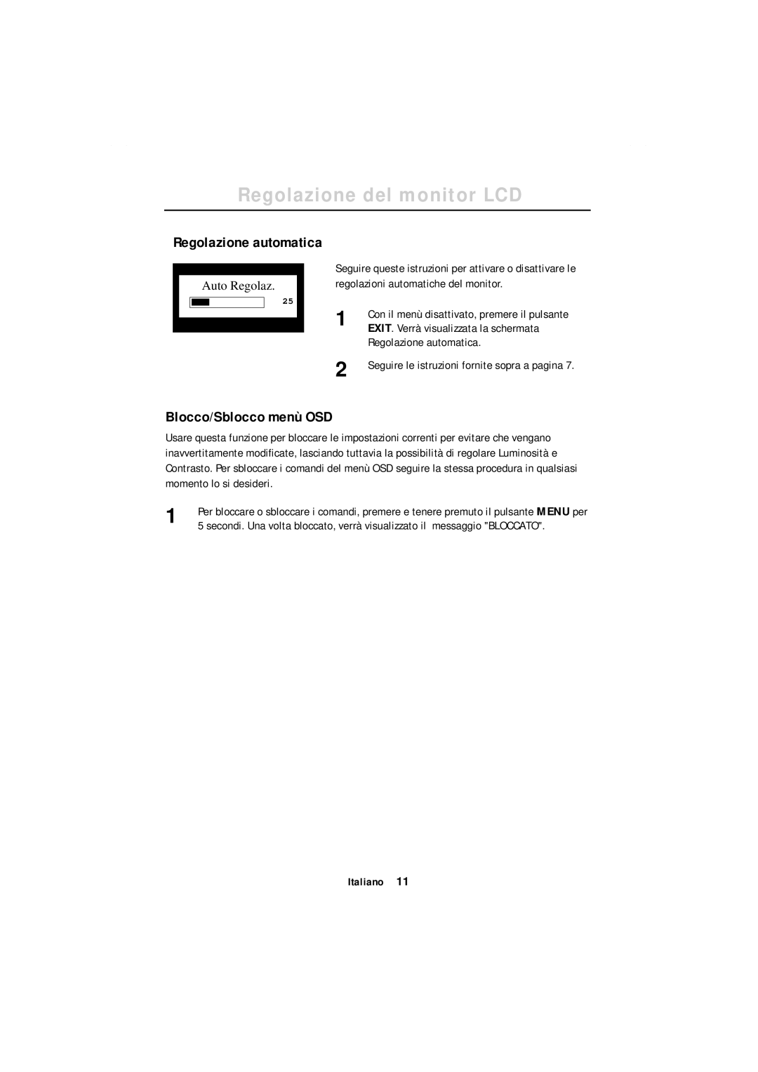 Samsung GR18MSSSN/EDC manual Regolazione automatica, Blocco/Sblocco menù OSD 