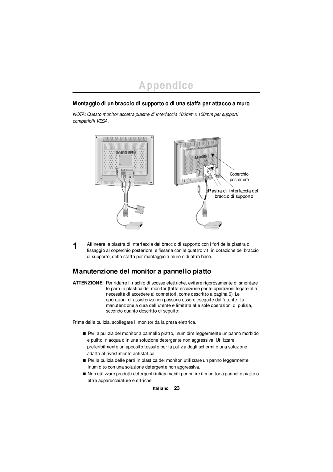 Samsung GR18MSSSN/EDC manual Manutenzione del monitor a pannello piatto 