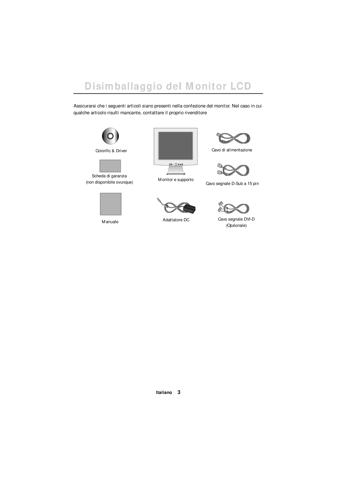 Samsung GR18MSSSN/EDC manual Disimballaggio del Monitor LCD, English 