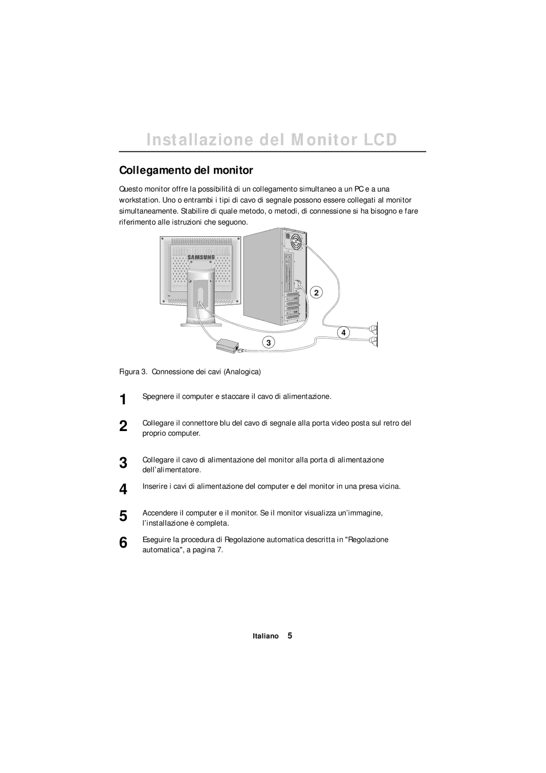 Samsung GR18MSSSN/EDC manual Collegamento del monitor, Figura 3. Connessione dei cavi Analogica 