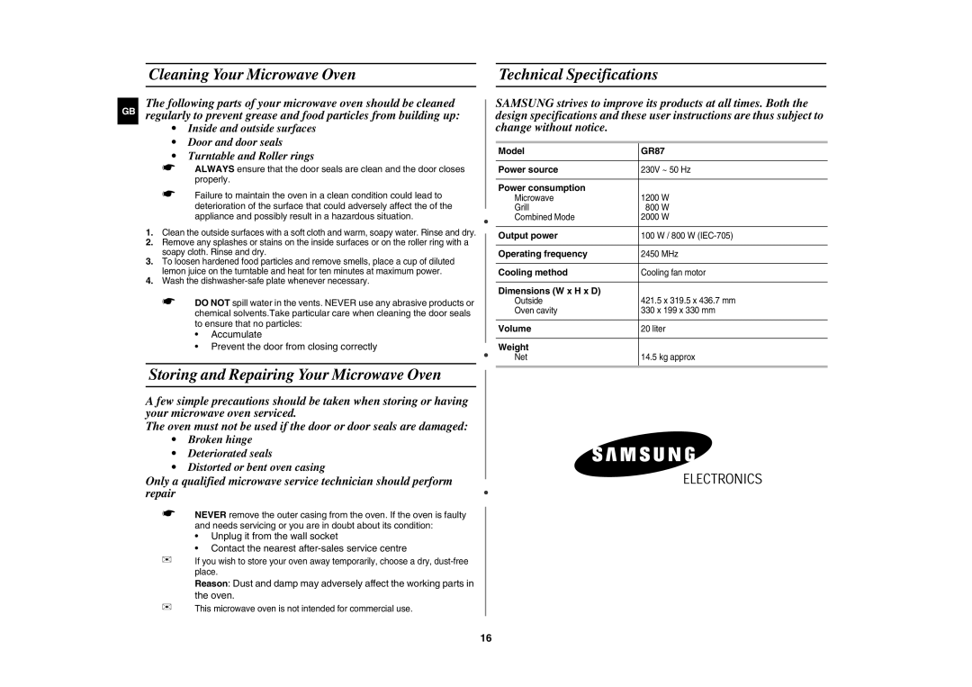 Samsung GR87-S/BOL manual Cleaning Your Microwave Oven Technical Specifications, Storing and Repairing Your Microwave Oven 