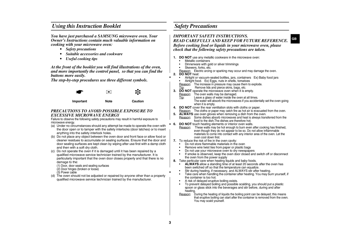 Samsung GR87-S/BOL manual Using this Instruction Booklet, Safety Precautions, Important Safety Instructions, Do not heat 