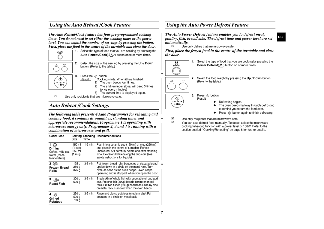 Samsung GR87-S/BOL Using the Auto Reheat /Cook Feature, Auto Reheat /Cook Settings, Using the Auto Power Defrost Feature 
