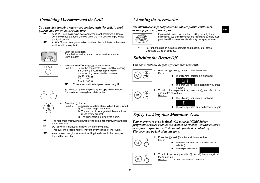 Samsung GR87-S/BOL manual Combining Microwave and the Grill, Choosing the Accessories, Switching the Beeper Off 