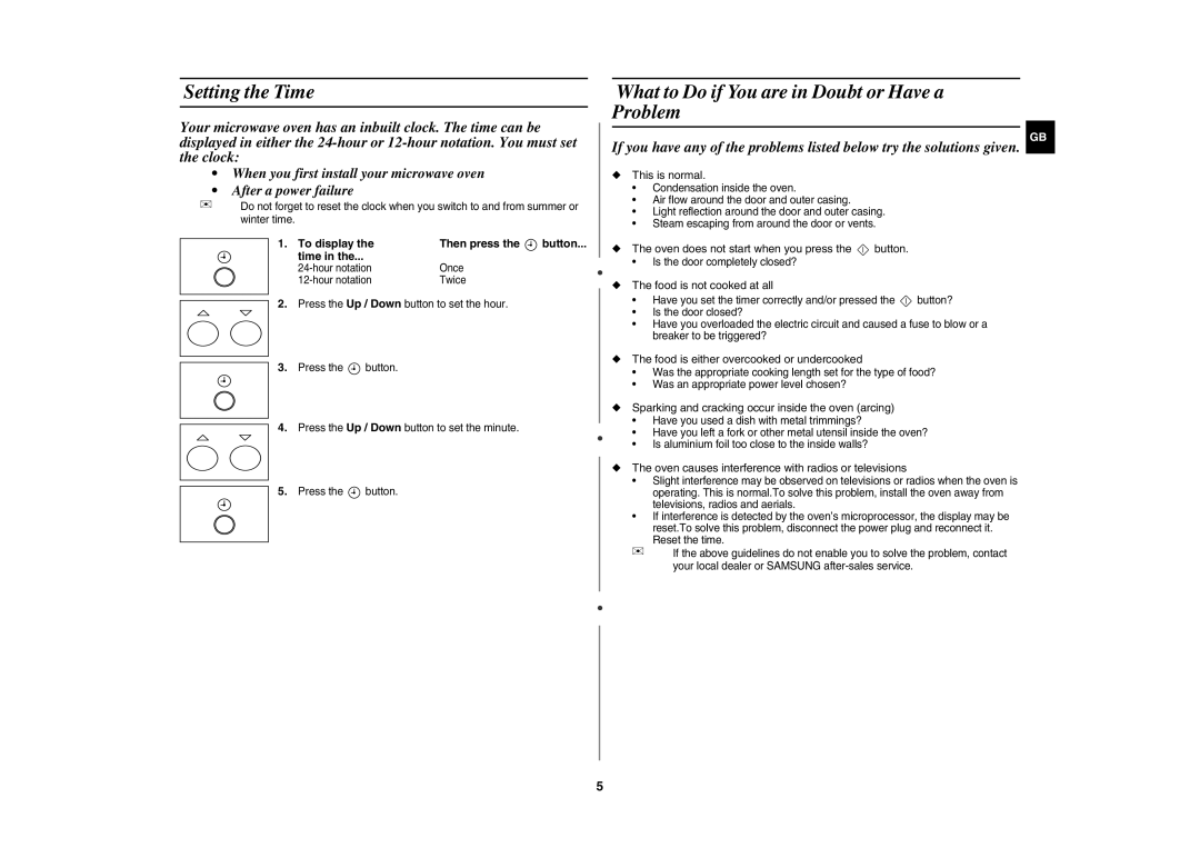 Samsung GR87-S/ERP manual Setting the Time, What to Do if You are in Doubt or Have a Problem, To display Then press 