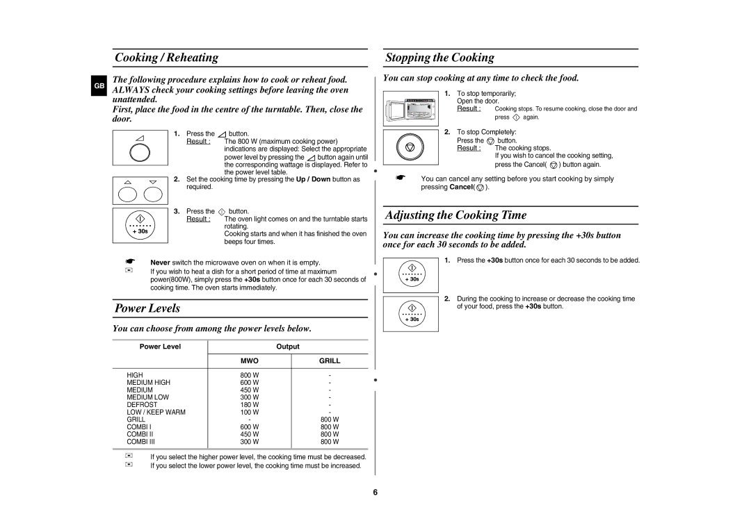 Samsung GR87-S/ERP manual Cooking / Reheating, Power Levels, Stopping the Cooking, Adjusting the Cooking Time, Grill 