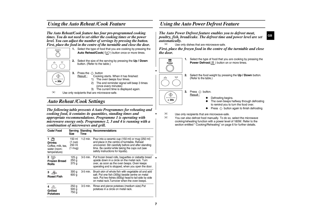 Samsung GR87-S/ERP Using the Auto Reheat /Cook Feature, Auto Reheat /Cook Settings, Using the Auto Power Defrost Feature 