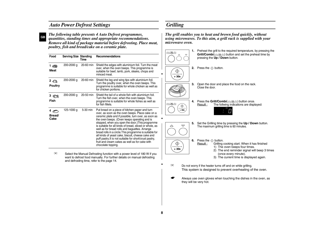 Samsung GR87-S/ERP manual Auto Power Defrost Settings, Grilling 