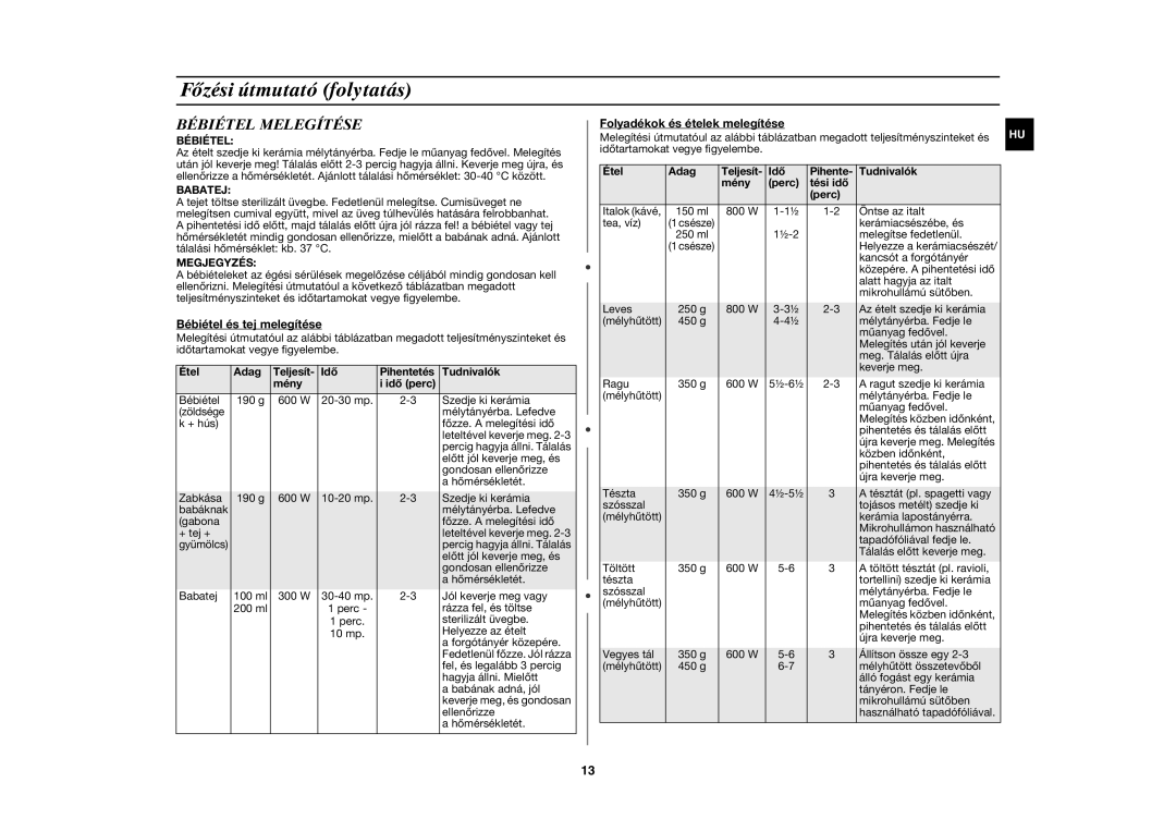 Samsung GR87-S/XEH manual Bébiétel Melegítése, Babatej, Megjegyzés 