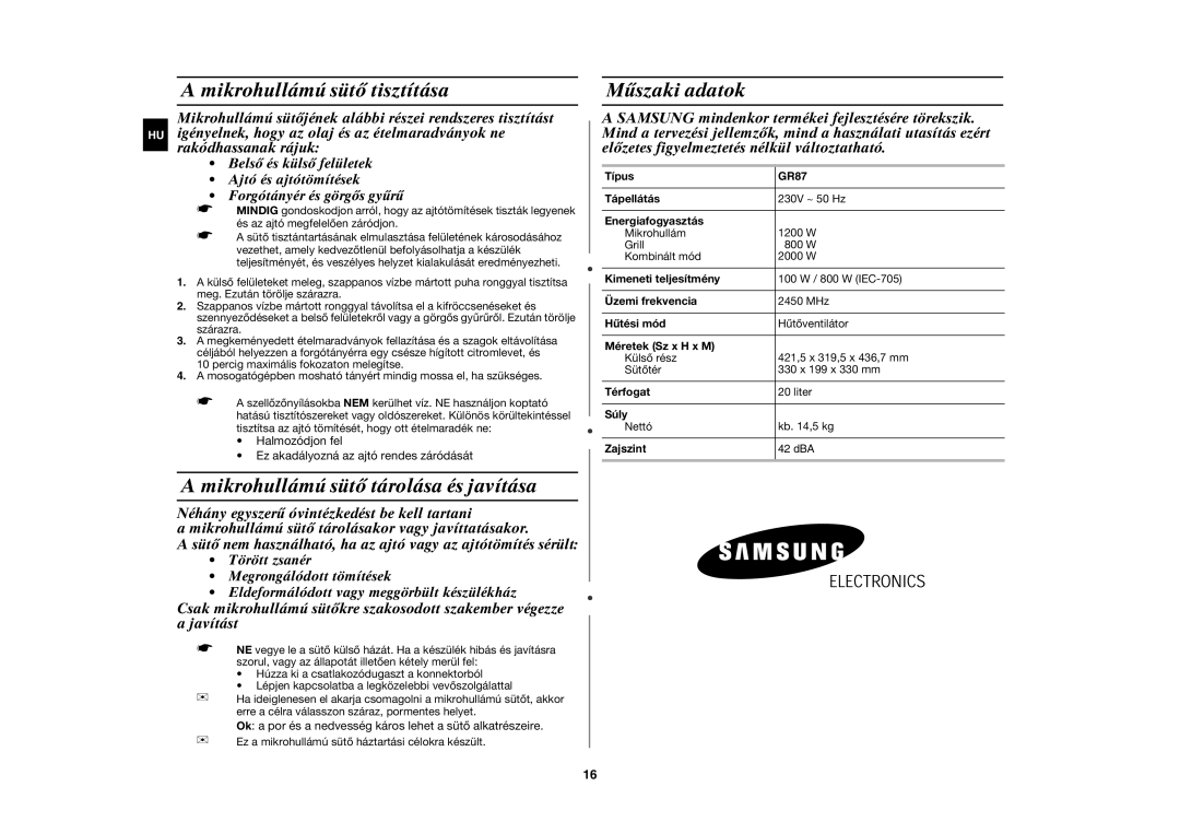 Samsung GR87-S/XEH manual Mikrohullámú sütő tisztítása, Mikrohullámú sütő tárolása és javítása, Műszaki adatok 