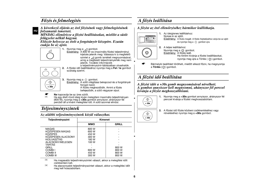 Samsung GR87-S/XEH manual Főzés és felmelegítés, Teljesítményszintek, Főzés leállítása, Főzési idő beállítása, Mwo 