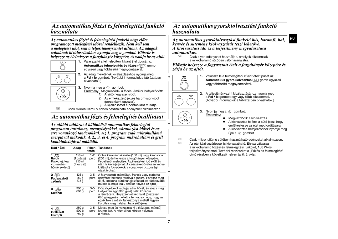 Samsung GR87-S/XEH manual Az automatikus főzési és felmelegítési funkció használata, Automatikus felmelegítés és főzés gomb 