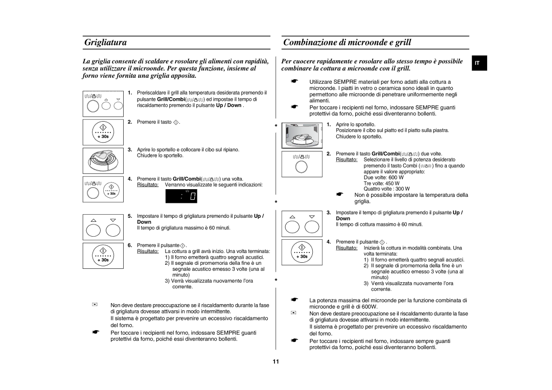 Samsung GR87-S/XET manual Grigliatura Combinazione di microonde e grill, Down, Tre volte 450 W Quattro volte 300 W 