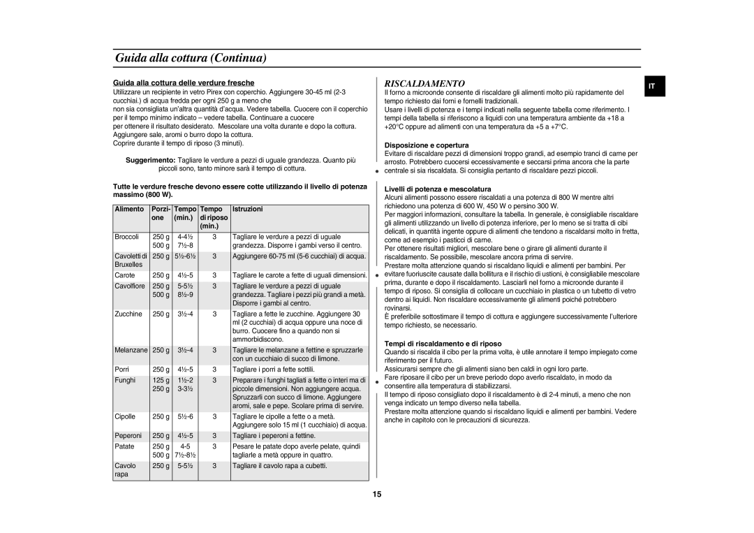 Samsung GR87-S/XET manual Guida alla cottura Continua, Riscaldamento 