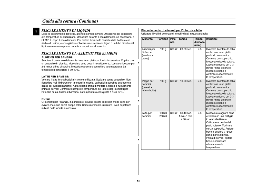 Samsung GR87-S/XET manual Riscaldamento DI Liquidi, Riscaldamento DI Alimenti PER Bambini, Latte PER Bambini, Nota 