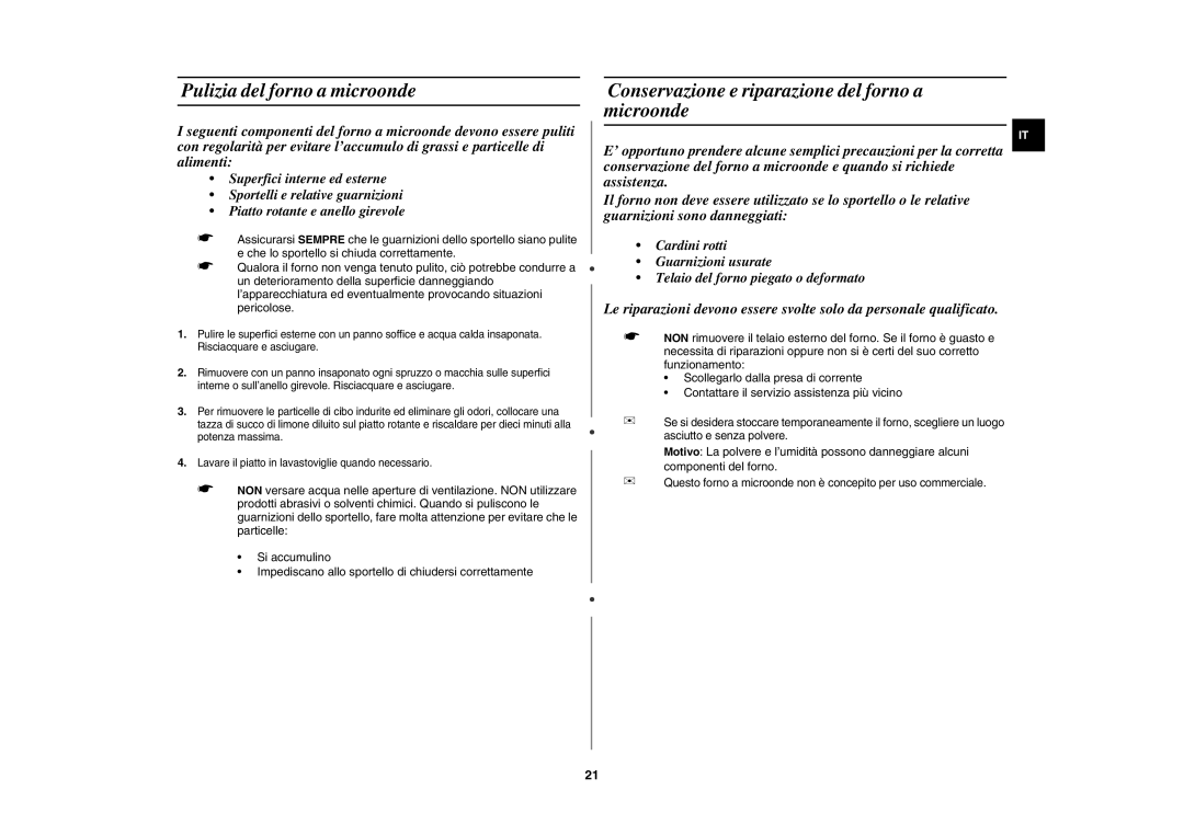 Samsung GR87-S/XET manual Pulizia del forno a microonde, Conservazione e riparazione del forno a microonde 
