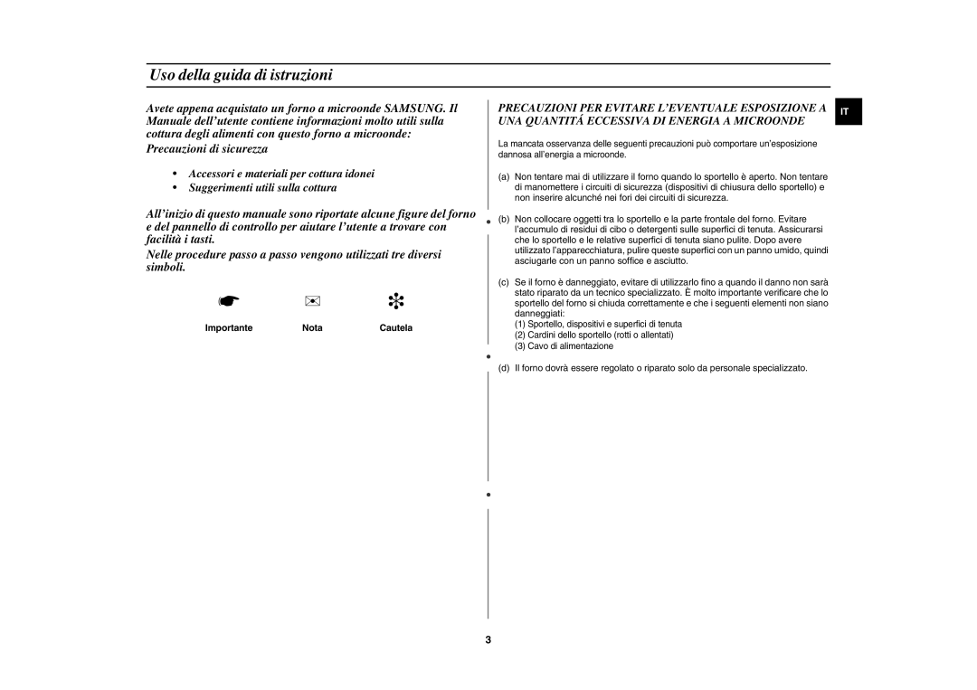 Samsung GR87-S/XET manual Uso della guida di istruzioni, Importante NotaCautela 