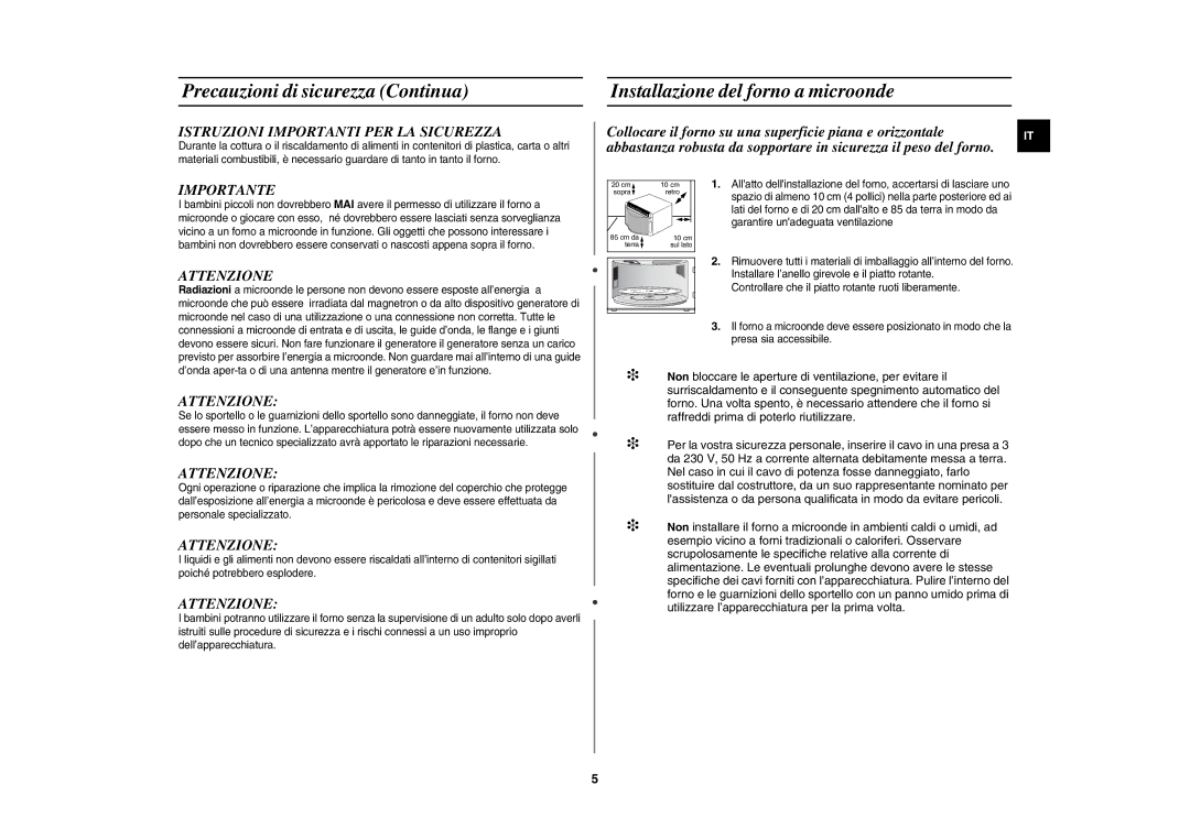 Samsung GR87-S/XET manual Istruzioni Importanti PER LA Sicurezza, Importante, Attenzione 