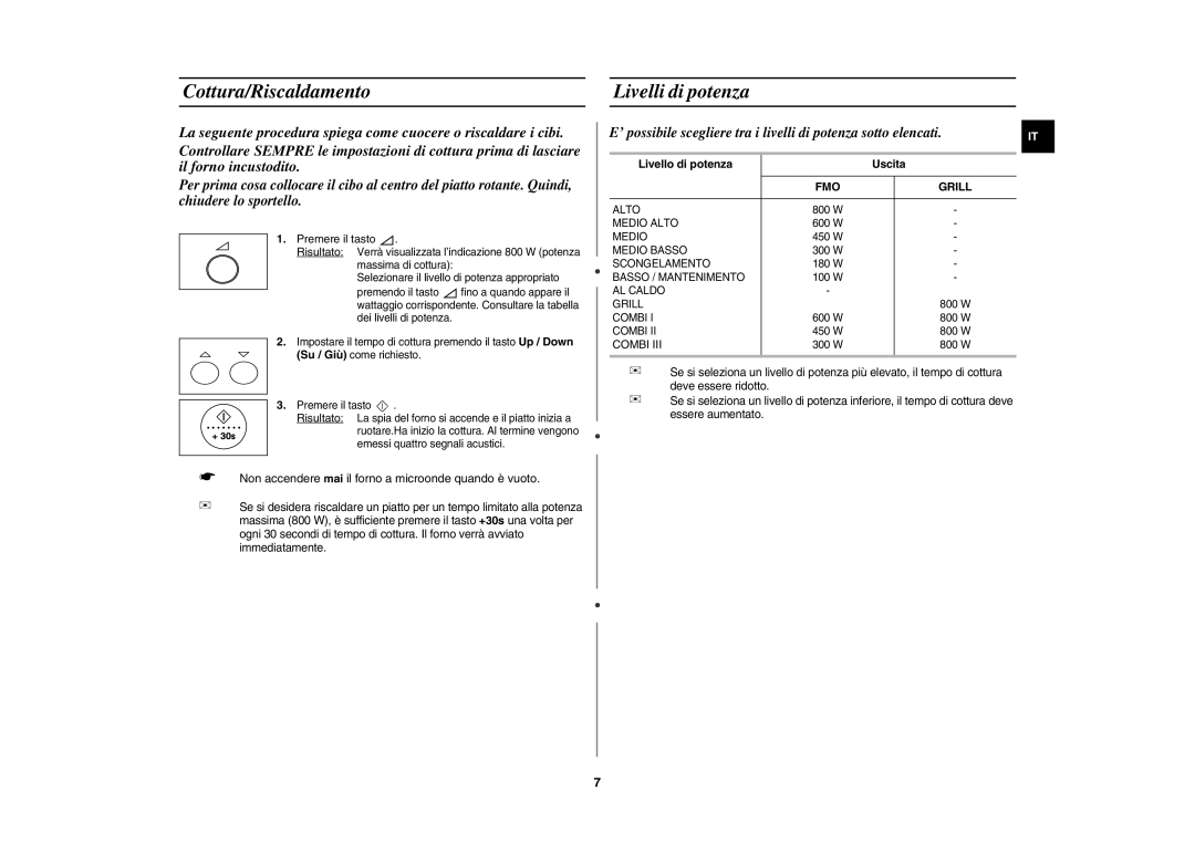 Samsung GR87-S/XET manual Cottura/Riscaldamento Livelli di potenza, Livello di potenza Uscita, FMO Grill 