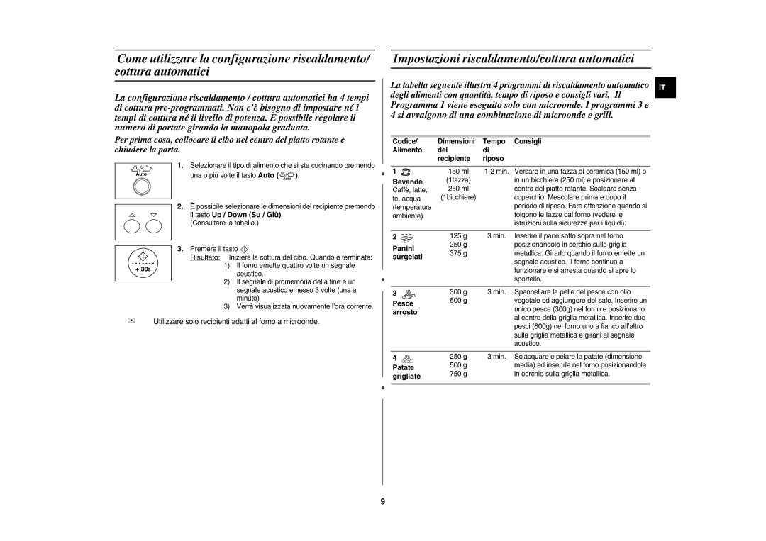 Samsung GR87-S/XET manual Impostazioni riscaldamento/cottura automatici 